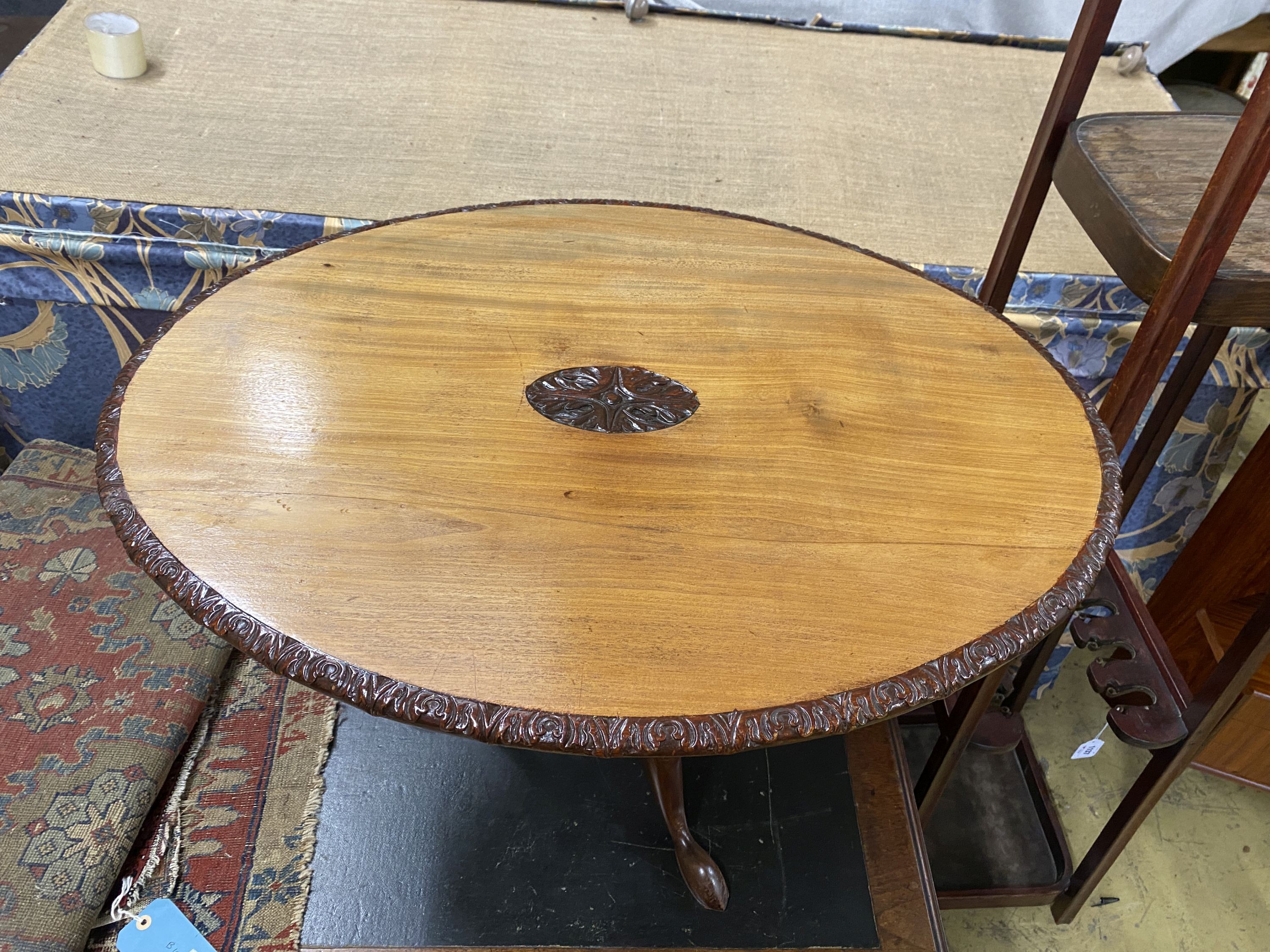 A George III and later oval tilt top occasional table, width 81cm, height 55cm